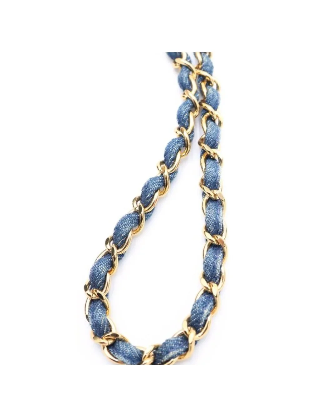 Chanel CC Logo Chain Basket Shoulder Bag Beige Indigo Blue Straw Denim Gold